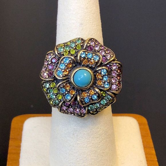 HEIDI DAUS Turquoise Gemstone & Faceted Crystal Flower Statement Ring Sz 8 - Picture 1 of 15